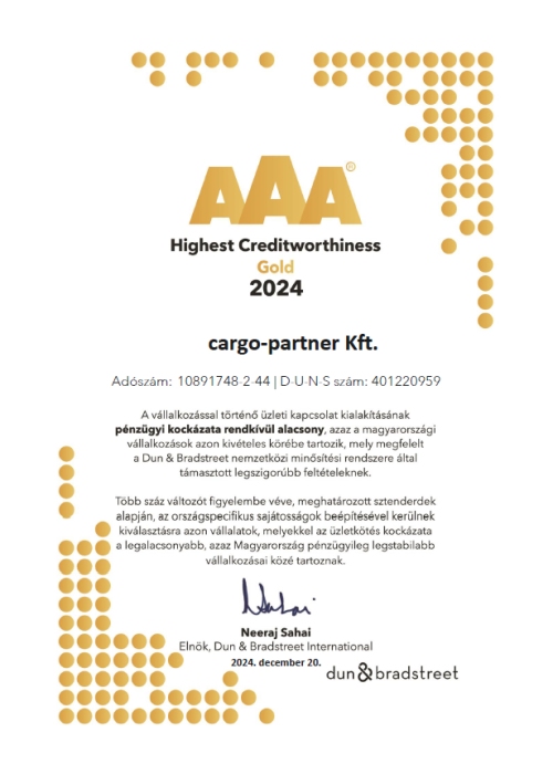 cargo-partner dun & bradstreet aaa tanúsítvány